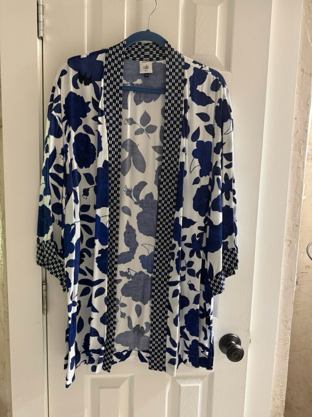 CAbi Blue & White Printed Kimono Cardigan with Check Trim 5661 M/L